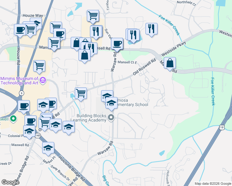 map of restaurants, bars, coffee shops, grocery stores, and more near 1095 Old Roswell Road in Roswell