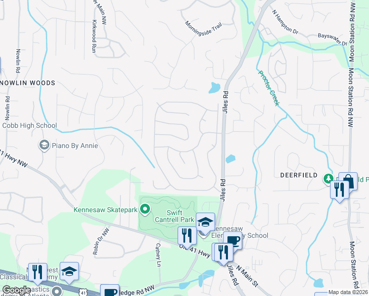 map of restaurants, bars, coffee shops, grocery stores, and more near 2636 English Oaks Lane Northwest in Kennesaw