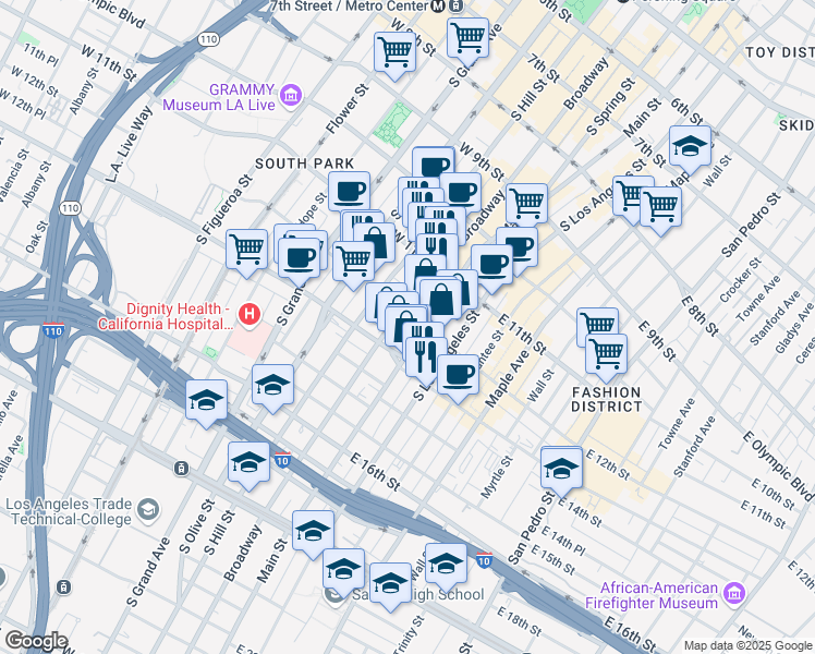 map of restaurants, bars, coffee shops, grocery stores, and more near 1201 South Main Street in Los Angeles