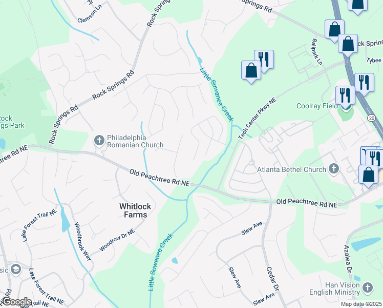 map of restaurants, bars, coffee shops, grocery stores, and more near 2564 Pierce Brennen Court Northeast in Lawrenceville