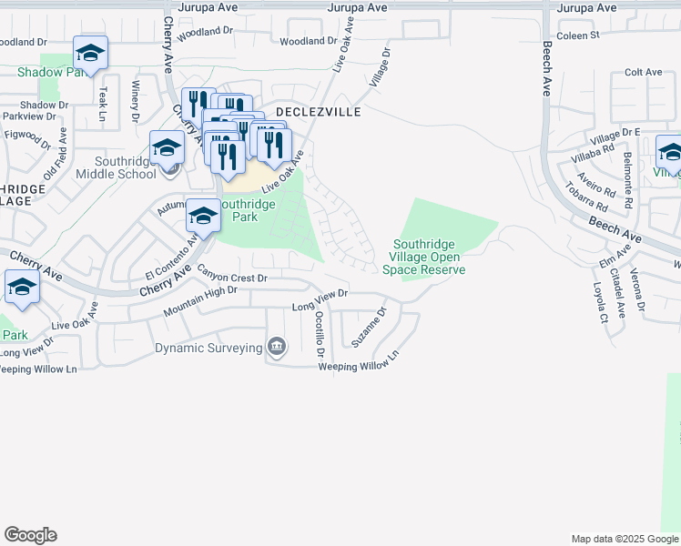 map of restaurants, bars, coffee shops, grocery stores, and more near 14868 Rockridge Lane in Fontana