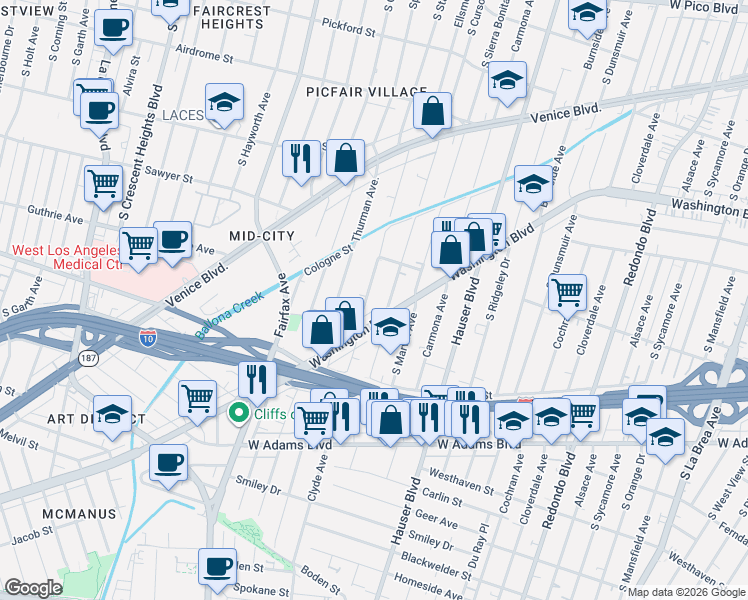 map of restaurants, bars, coffee shops, grocery stores, and more near 2210 Clyde Avenue in Los Angeles