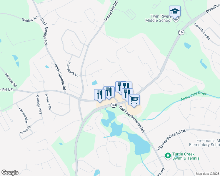 map of restaurants, bars, coffee shops, grocery stores, and more near 2043 Arbor Springs Way in Buford