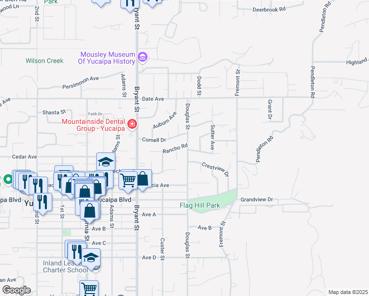map of restaurants, bars, coffee shops, grocery stores, and more near 11852 Douglas Street in Yucaipa