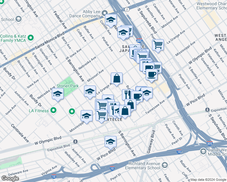map of restaurants, bars, coffee shops, grocery stores, and more near 2026 Federal Avenue in Los Angeles