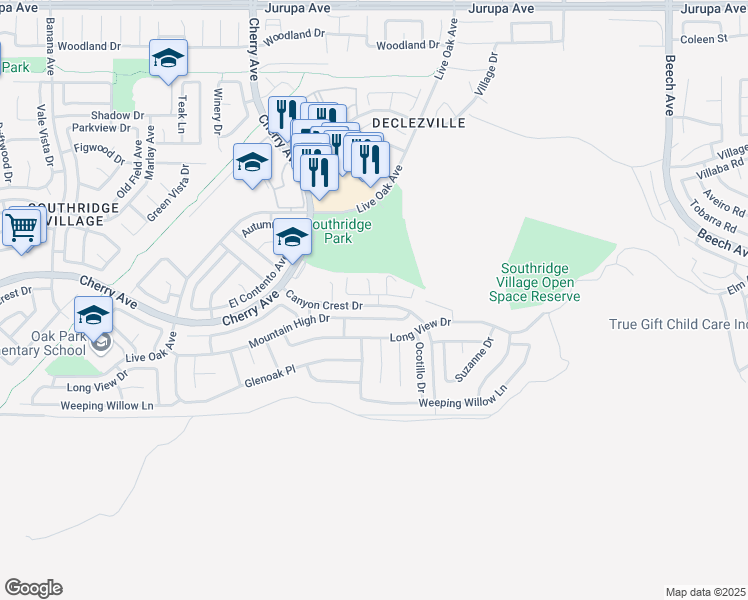 map of restaurants, bars, coffee shops, grocery stores, and more near 14729 Cinnamon Drive in Fontana
