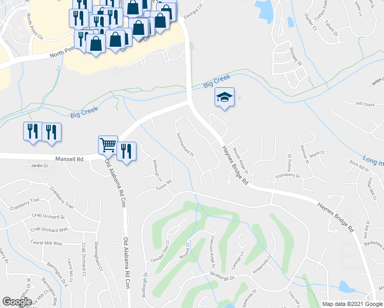 map of restaurants, bars, coffee shops, grocery stores, and more near 450 Summerfield Drive in Alpharetta