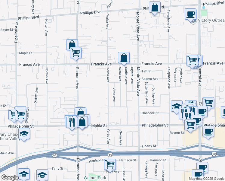 map of restaurants, bars, coffee shops, grocery stores, and more near 11858 Vista Avenue in Chino
