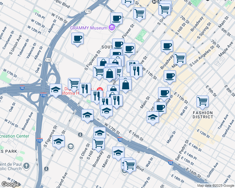 map of restaurants, bars, coffee shops, grocery stores, and more near 1326 South Grand Avenue in Los Angeles