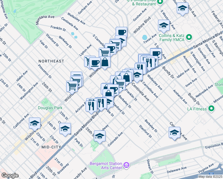 map of restaurants, bars, coffee shops, grocery stores, and more near 1336 Berkeley Street in Santa Monica