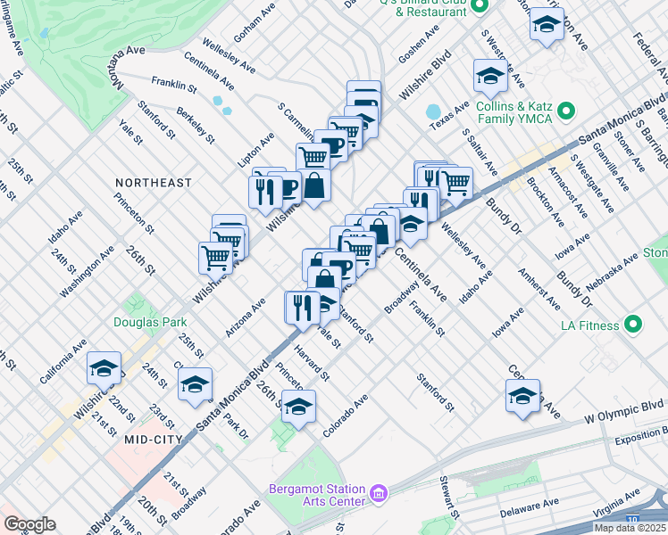map of restaurants, bars, coffee shops, grocery stores, and more near 1336 Berkeley Street in Santa Monica