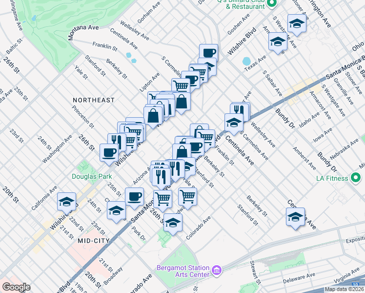 map of restaurants, bars, coffee shops, grocery stores, and more near 1317 Stanford Street in Santa Monica