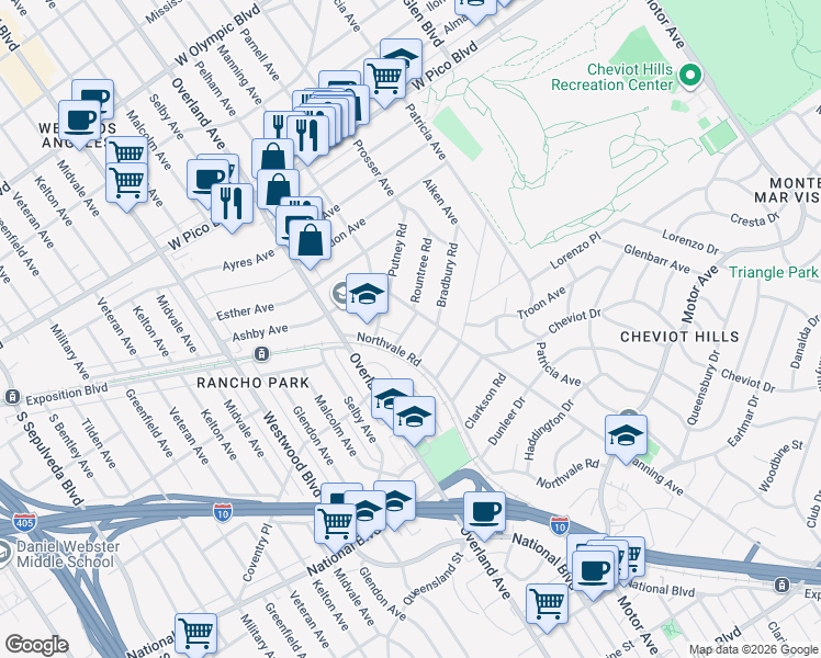 map of restaurants, bars, coffee shops, grocery stores, and more near 10618 Rountree Road in Los Angeles