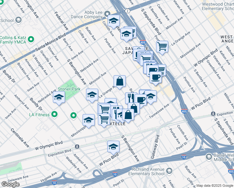 map of restaurants, bars, coffee shops, grocery stores, and more near 2026 Federal Avenue in Los Angeles