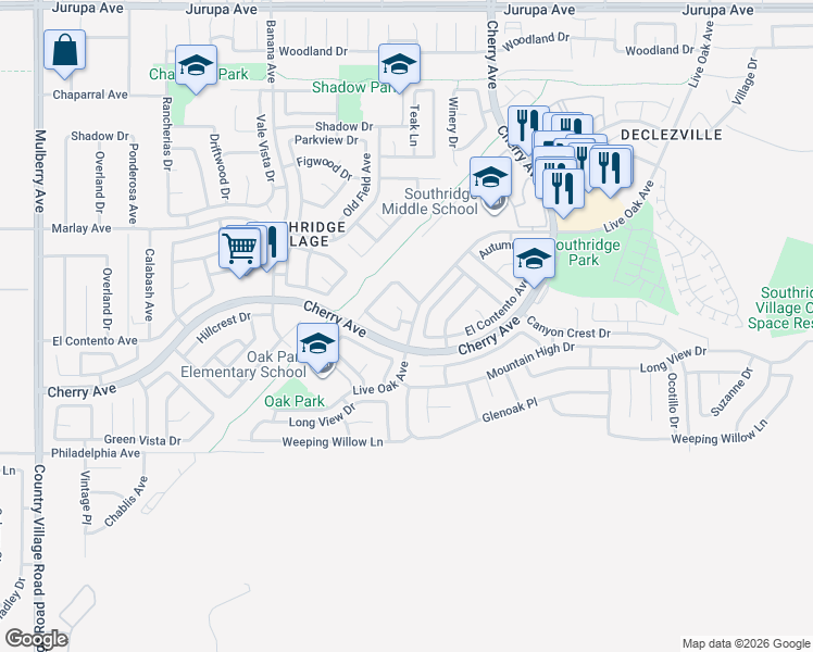 map of restaurants, bars, coffee shops, grocery stores, and more near 11877 Safiro Court in Fontana