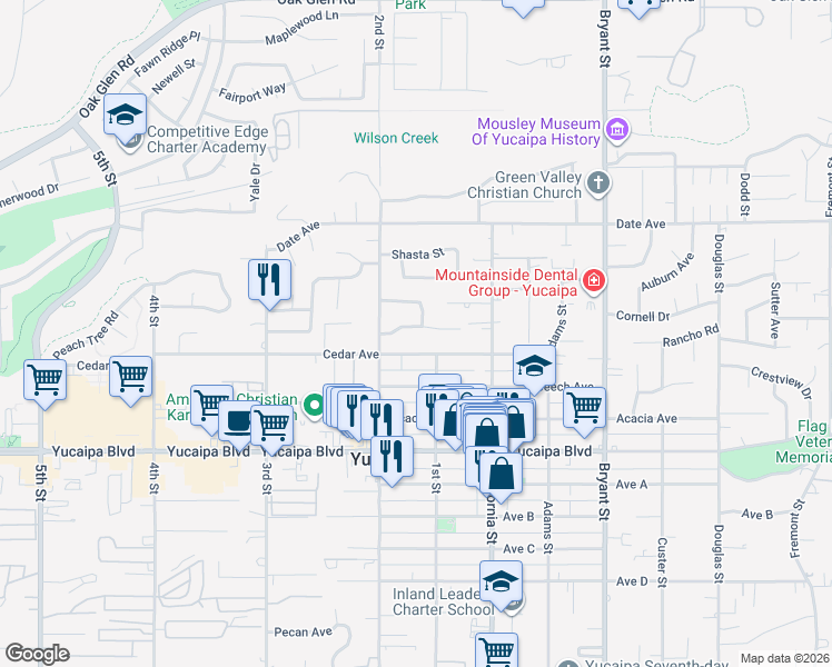 map of restaurants, bars, coffee shops, grocery stores, and more near 34961 Gail Avenue in Yucaipa
