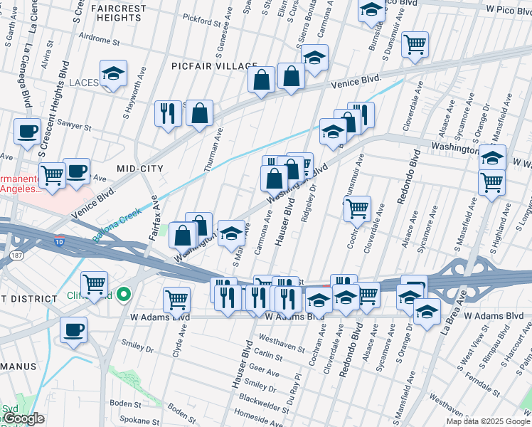 map of restaurants, bars, coffee shops, grocery stores, and more near in Los Angeles