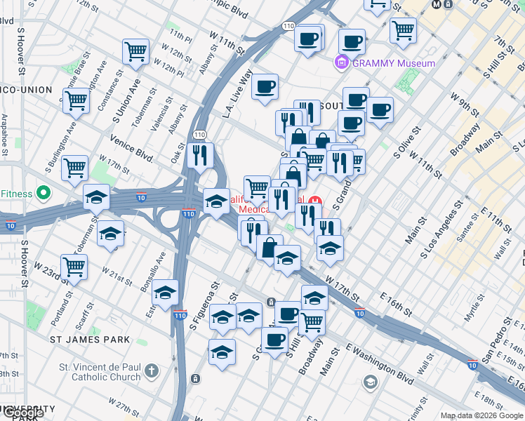 map of restaurants, bars, coffee shops, grocery stores, and more near 1400 South Figueroa Street in Los Angeles