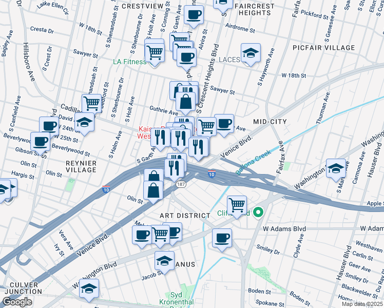 map of restaurants, bars, coffee shops, grocery stores, and more near 6050 Cadillac Avenue in Los Angeles