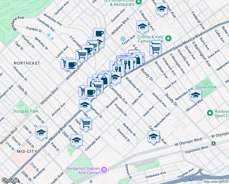 map of restaurants, bars, coffee shops, grocery stores, and more near 1439 Centinela Avenue in Santa Monica