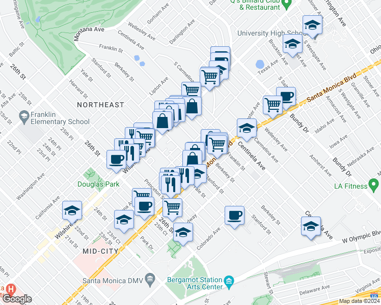 map of restaurants, bars, coffee shops, grocery stores, and more near 1315 Stanford Street in Santa Monica