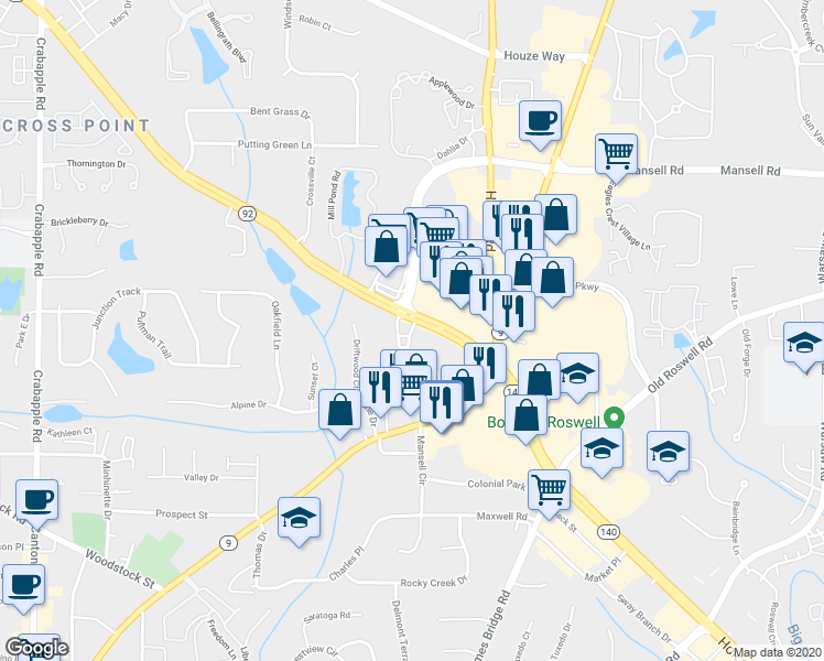 map of restaurants, bars, coffee shops, grocery stores, and more near Mansell Road in Roswell