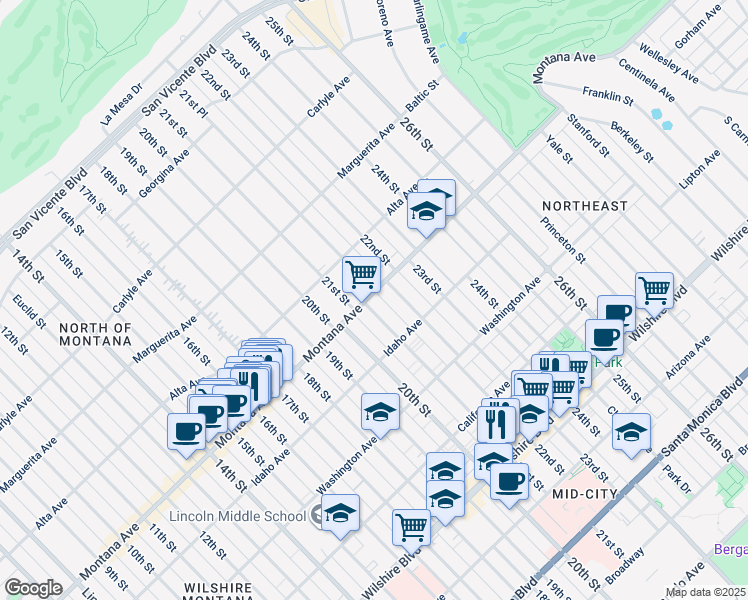 map of restaurants, bars, coffee shops, grocery stores, and more near 2122 Montana Avenue in Santa Monica