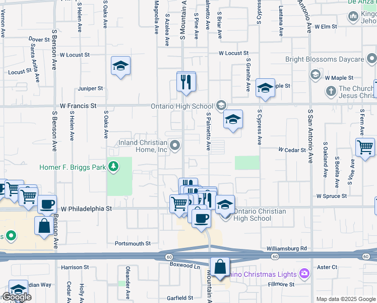 map of restaurants, bars, coffee shops, grocery stores, and more near 1951 South Mountain Avenue in Ontario