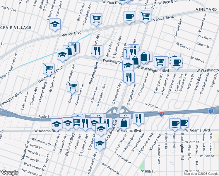 map of restaurants, bars, coffee shops, grocery stores, and more near 2145 South Orange Drive in Los Angeles
