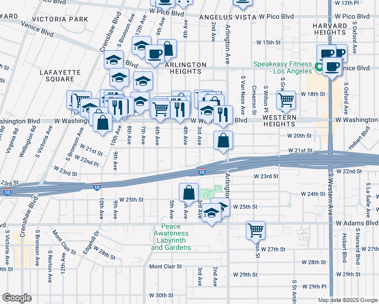 map of restaurants, bars, coffee shops, grocery stores, and more near 21101/2 4th Avenue in Los Angeles