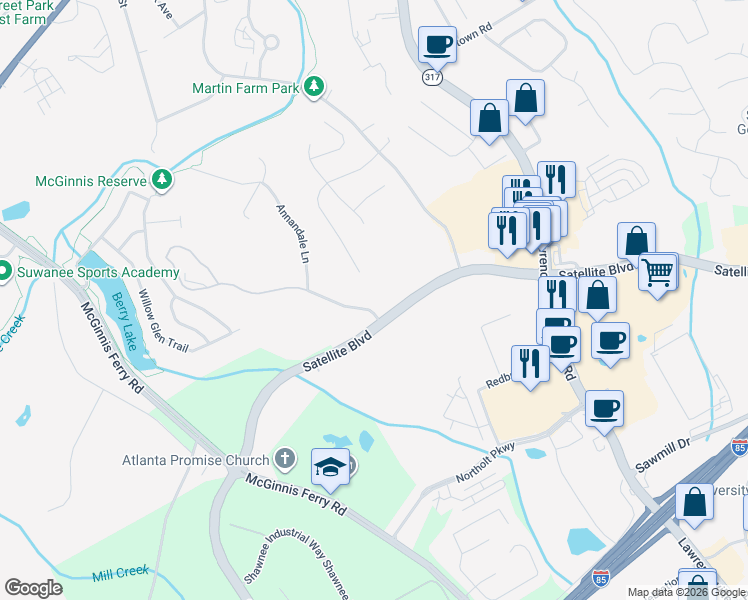 map of restaurants, bars, coffee shops, grocery stores, and more near 3355 Annandale Lane in Suwanee