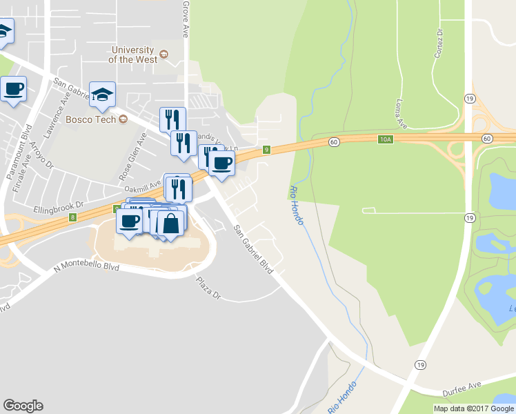 map of restaurants, bars, coffee shops, grocery stores, and more near 646 Hazel Avenue in Rosemead
