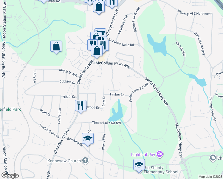 map of restaurants, bars, coffee shops, grocery stores, and more near 1850 Grant Ct in Kennesaw