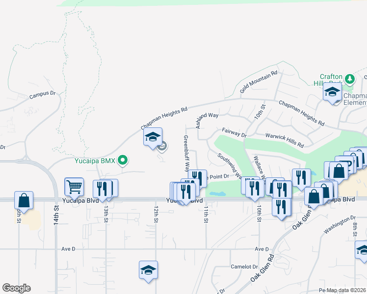 map of restaurants, bars, coffee shops, grocery stores, and more near 11890 Greenbluff Way in Yucaipa