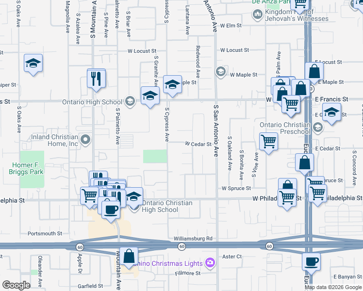 map of restaurants, bars, coffee shops, grocery stores, and more near 1944 Redwood Avenue in Ontario
