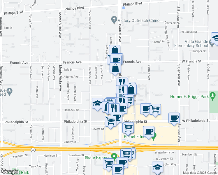 map of restaurants, bars, coffee shops, grocery stores, and more near 11869 Snyder Avenue in Chino