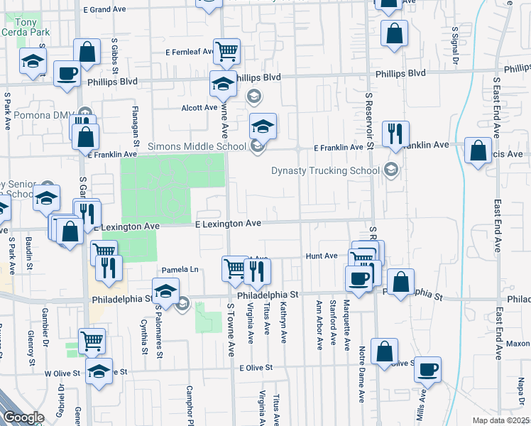 map of restaurants, bars, coffee shops, grocery stores, and more near 864 Telamon Lane in Pomona