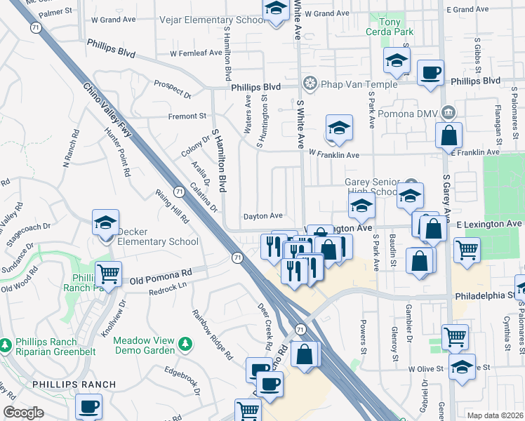 map of restaurants, bars, coffee shops, grocery stores, and more near 1839 Garland Street in Pomona