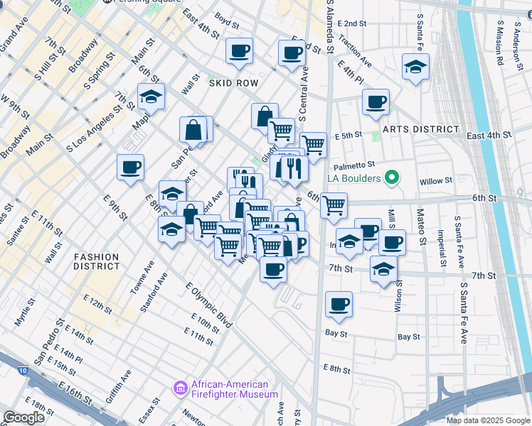 map of restaurants, bars, coffee shops, grocery stores, and more near 669 Kohler Street in Los Angeles