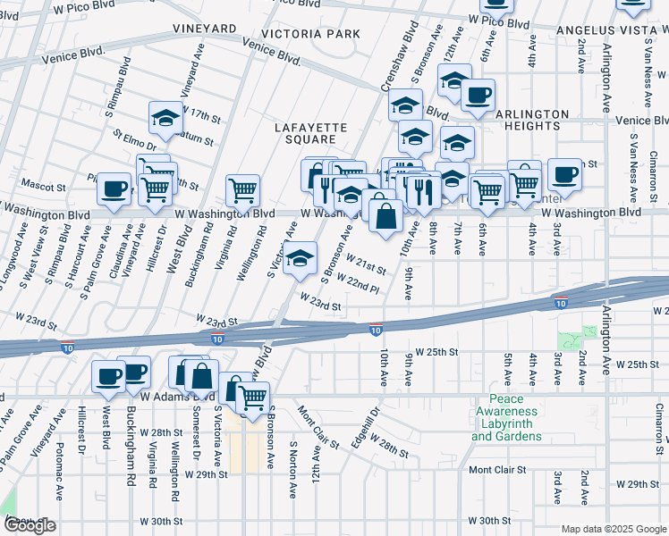 map of restaurants, bars, coffee shops, grocery stores, and more near 2118 South Bronson Avenue in Los Angeles