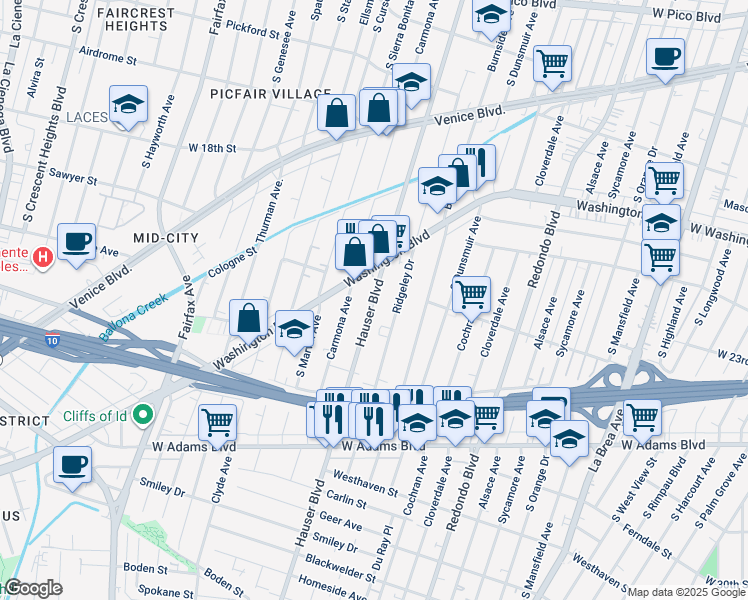 map of restaurants, bars, coffee shops, grocery stores, and more near 2100 Hauser Boulevard in Los Angeles