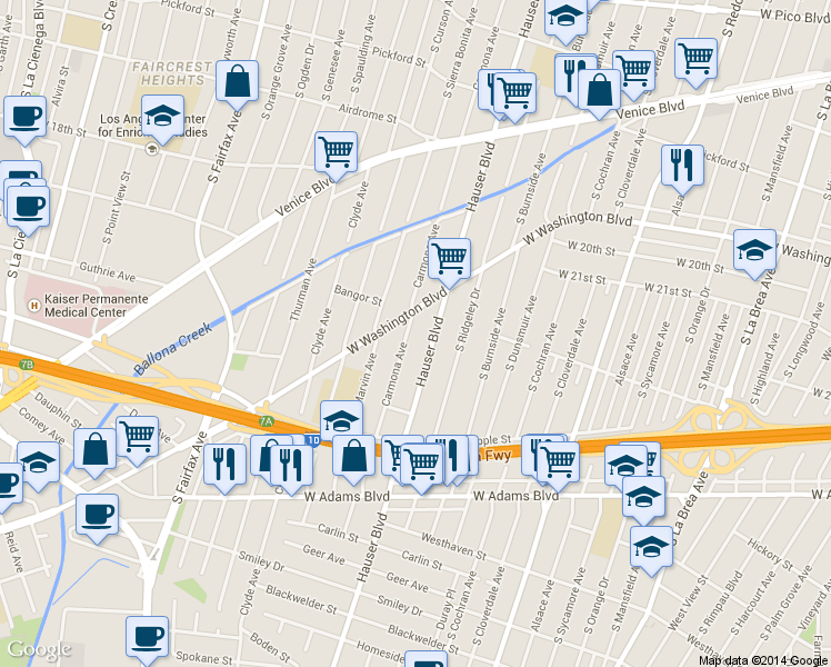 map of restaurants, bars, coffee shops, grocery stores, and more near in Los Angeles