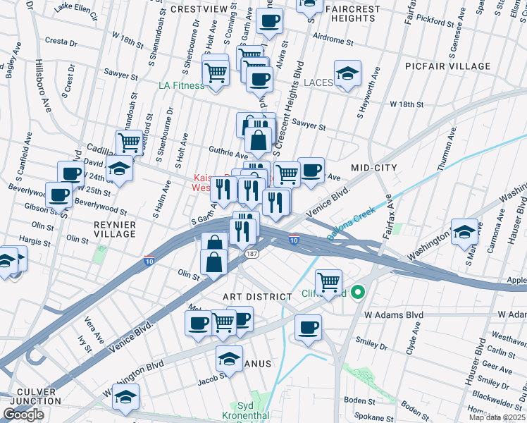 map of restaurants, bars, coffee shops, grocery stores, and more near 6074 Cadillac Avenue in Los Angeles