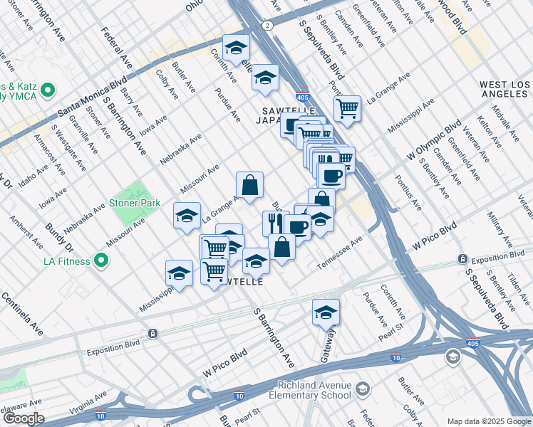 map of restaurants, bars, coffee shops, grocery stores, and more near 2045 Butler Avenue in Los Angeles