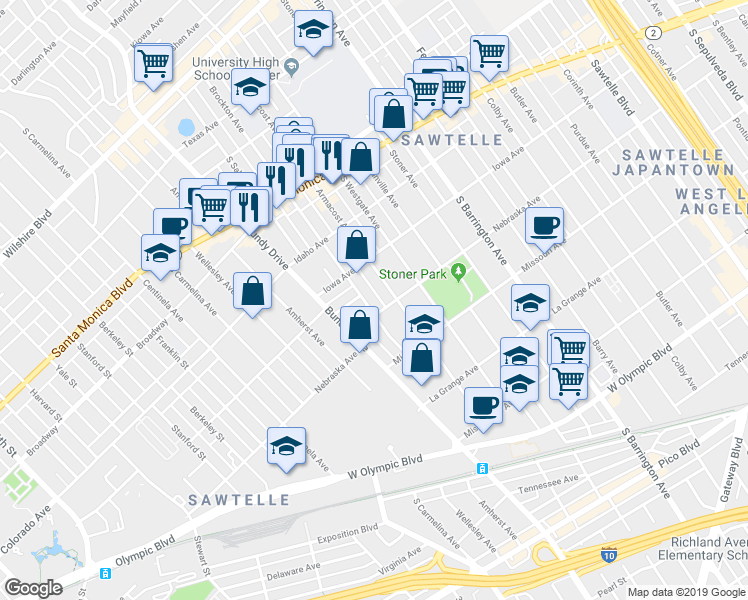 map of restaurants, bars, coffee shops, grocery stores, and more near 1730 Brockton Avenue in Los Angeles