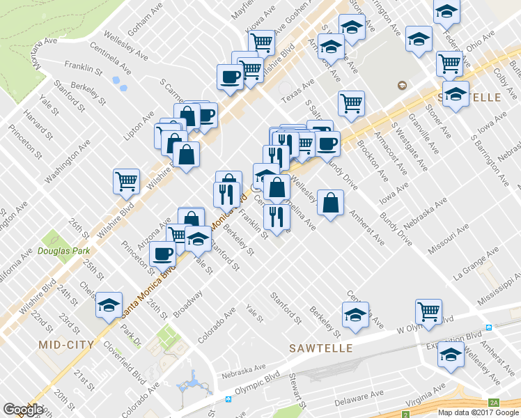 map of restaurants, bars, coffee shops, grocery stores, and more near 1427 Centinela Avenue in Santa Monica
