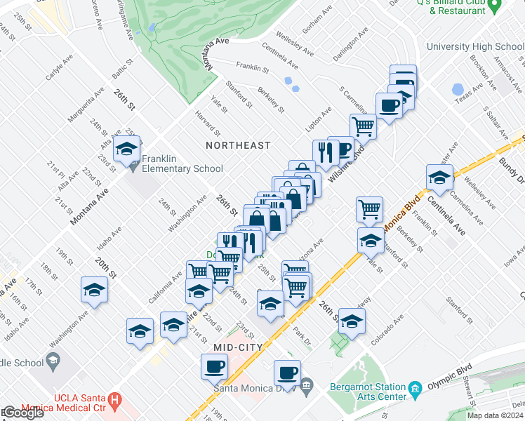 map of restaurants, bars, coffee shops, grocery stores, and more near 1115 Princeton Street in Santa Monica