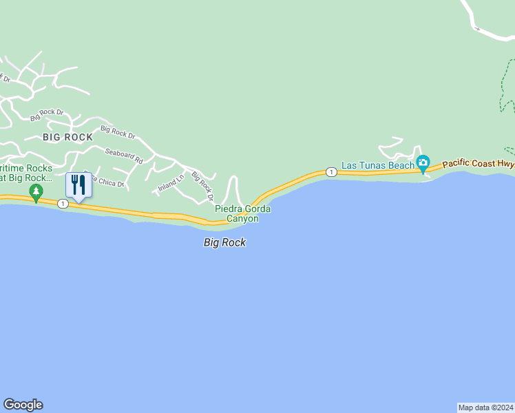map of restaurants, bars, coffee shops, grocery stores, and more near 19850 California 1 in Malibu
