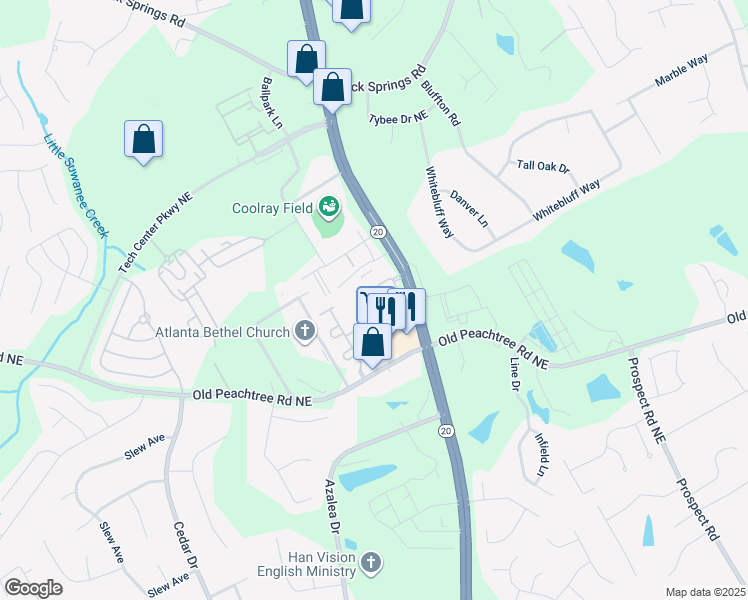 map of restaurants, bars, coffee shops, grocery stores, and more near 1 Braves Avenue in Lawrenceville