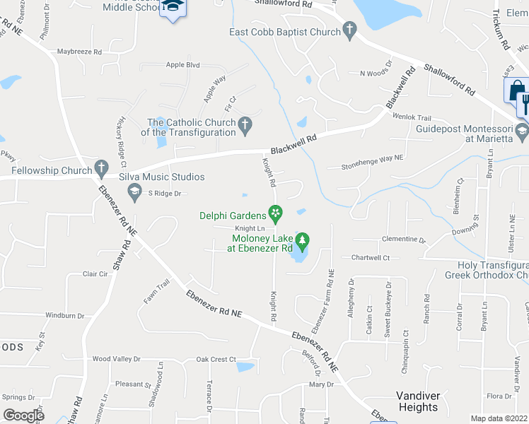 map of restaurants, bars, coffee shops, grocery stores, and more near 3577 Knight Road in Marietta